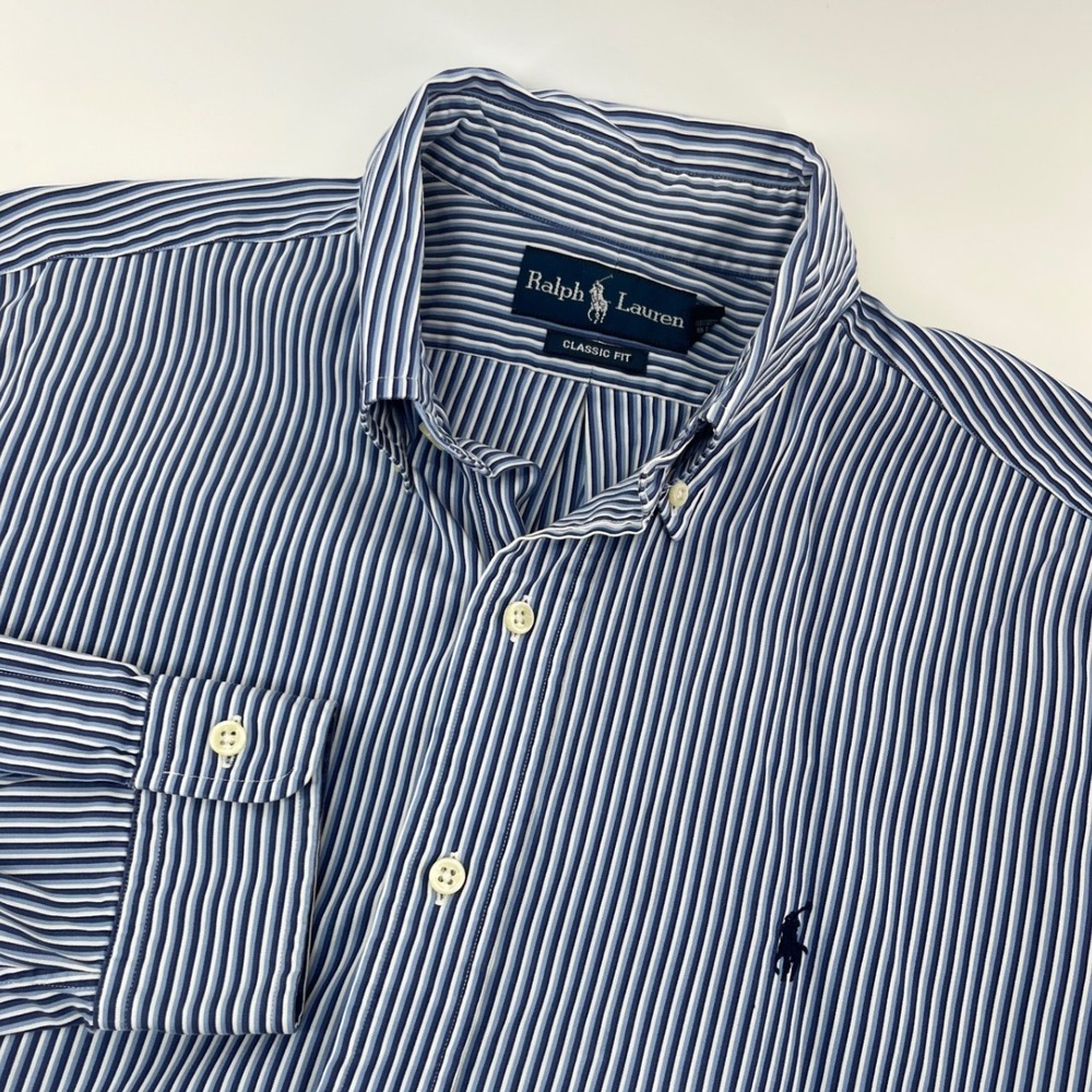 Ralph Lauren Button Down Shirt Men Blue Striped Classic Fit Long Sleeve Large